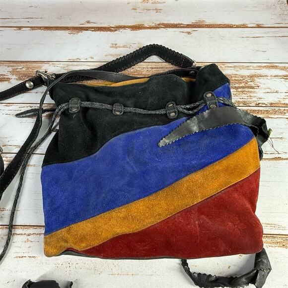 Patricia Nash Colorblock Suede Leather Convertible Crossbody Bag Blue/Red/Orange - Picture 1 of 12